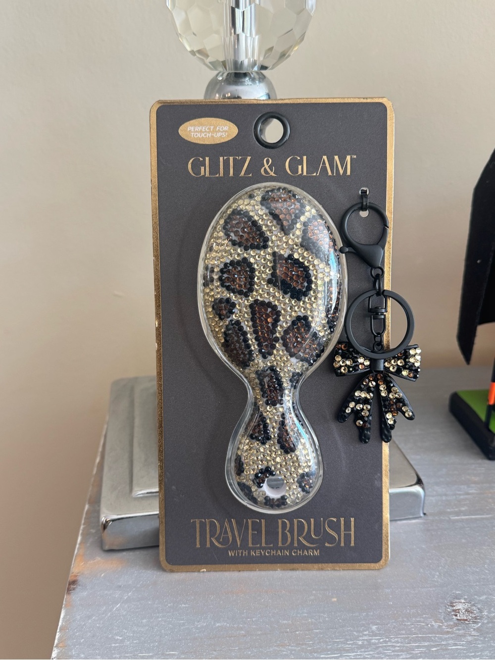 Glitz & Glam Leopard Print Travel Brush Keychain - Gold & Black